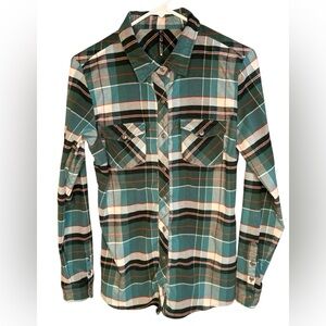 Kuhl Shirt Womens Medium Green Plaid Stretch Greta Flannel Button Down Outdoor